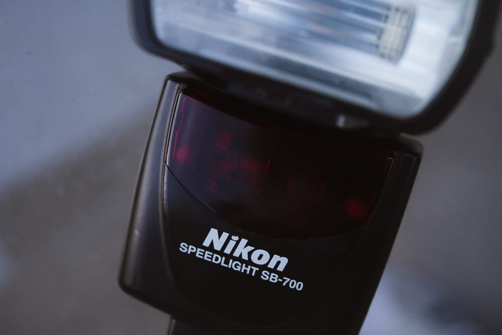 Closeup of the Nikon SB-700 flash.