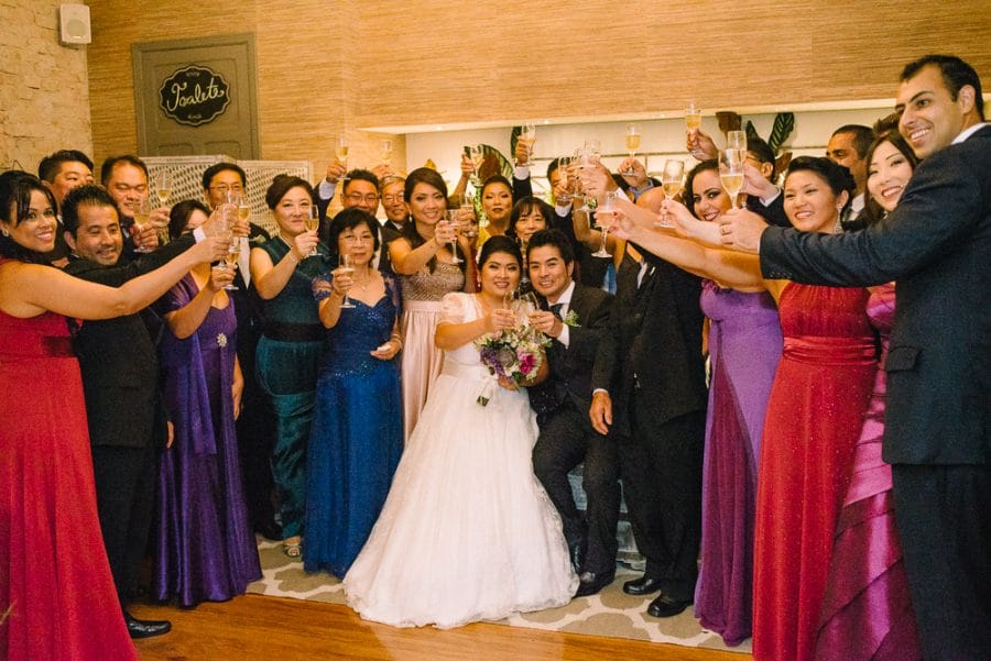 Group portrait of a wedding party toasting