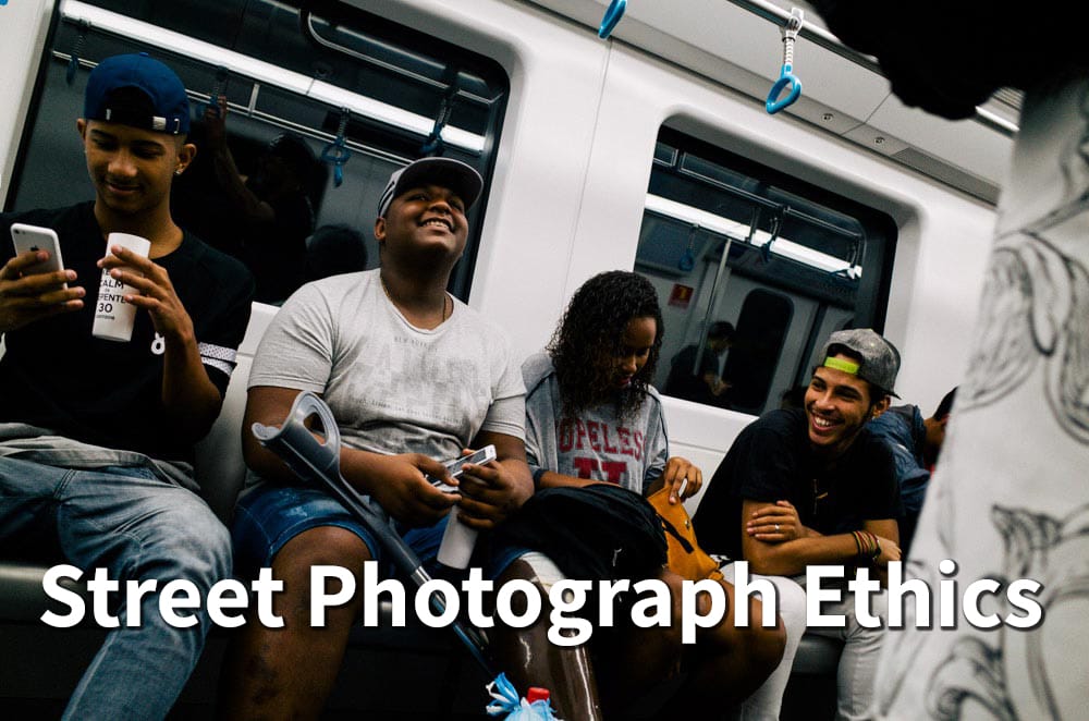 Image of kids on subway laughing with text overlay saying 'street photography ethics'