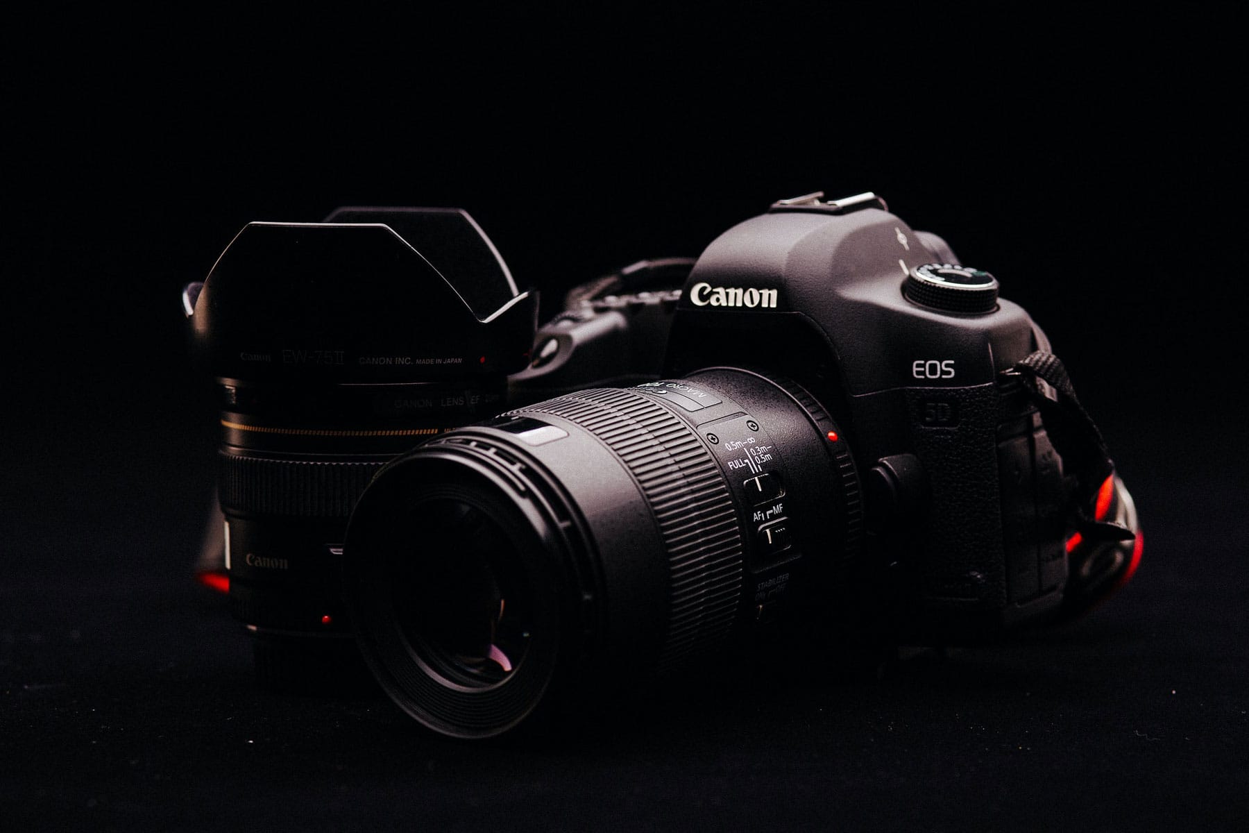 Image of a black Canon camera and lenses against a black backdrop