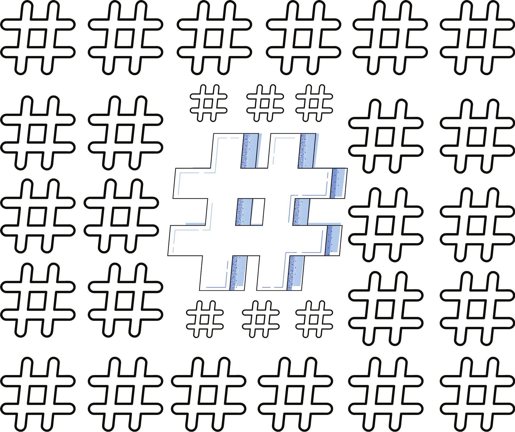 Image of a pattern of hashtags on a white background